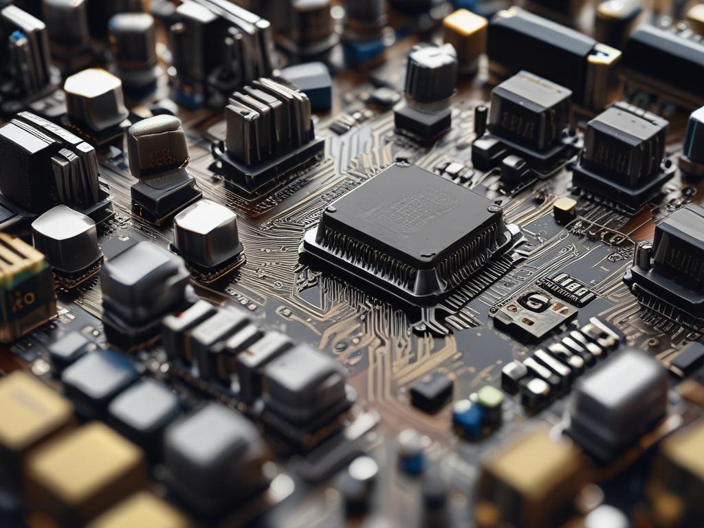 A close-up shot of an embedded system circuit board on a wooden desk, featuring intricate components and connections. The background is softly blurred to emphasize the details of the circuit board. The lighting is warm and focused, highlighting the textures and colors of the components, captured with a 45mm f/1.2 lens style.