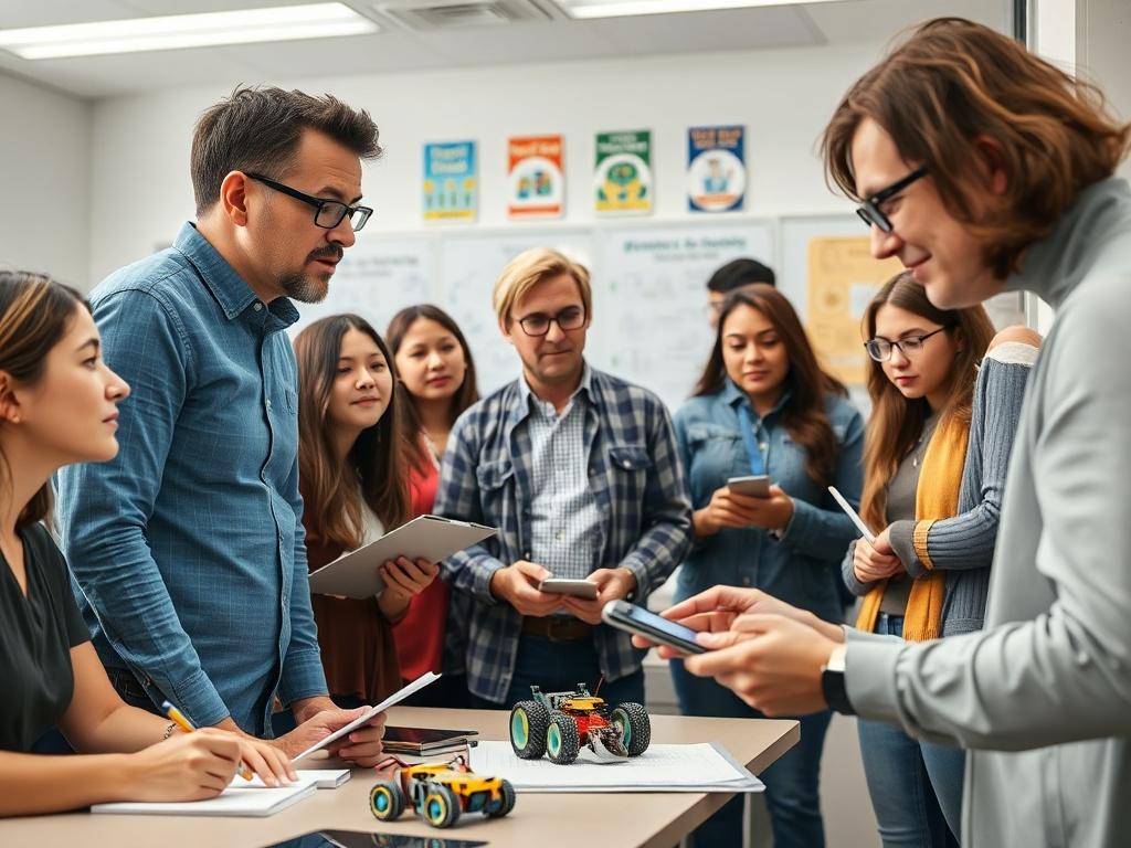 A high-resolution close-up shot of a diverse group of students engaged in a classroom training session. The instructor, a middle-aged man with glasses, is demonstrating a robotics project on a whiteboard. The students, a mix of genders and ethnicities, are attentively observing while taking notes. The classroom is modern and well-lit, with educational posters in the background. Capture the enthusiasm and focus of the participants, emphasizing the hands-on learning environment.