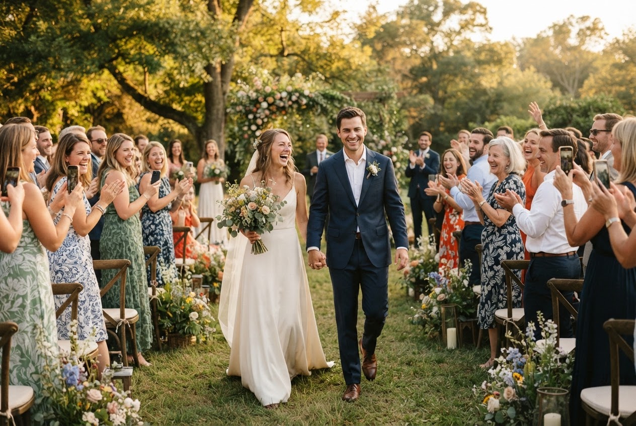 Sofia and Theo walking hand in hand down the grassy meadow aisle just after the ceremony, guests on both sides turned toward them, smiling, clapping, a few phones raised