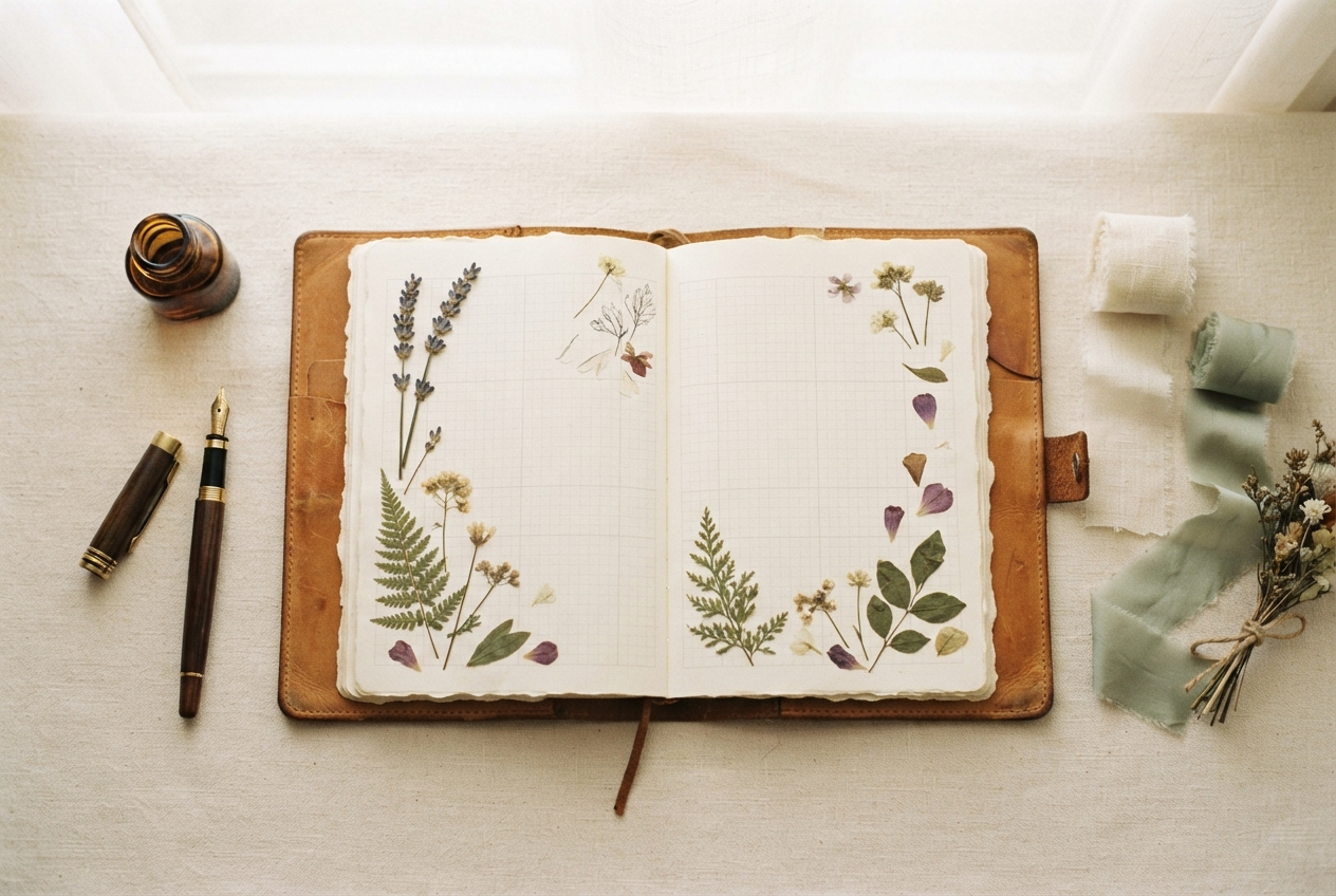 An open leather-bound planner with a fountain pen, pressed flowers and ribbon swatches