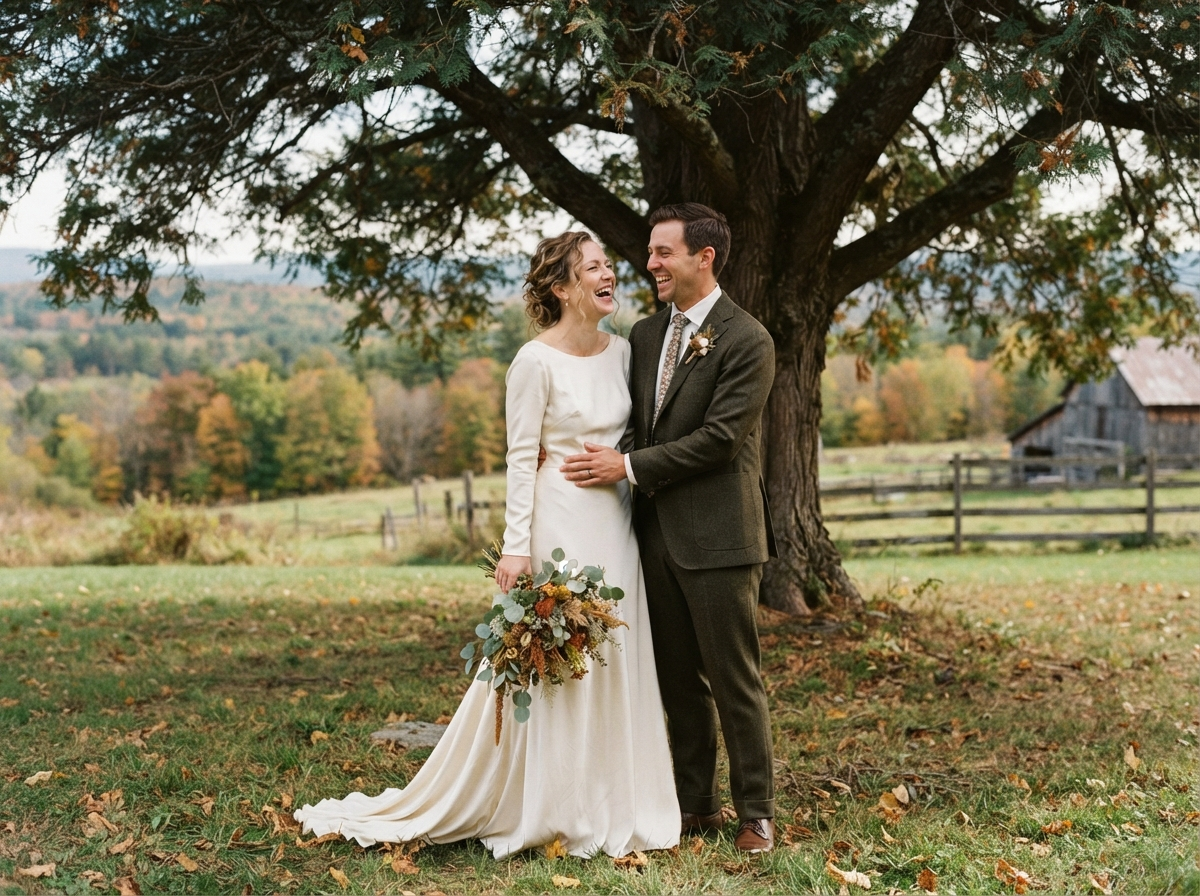 Priya and Daniel sharing a private laugh under a tall cedar tree on the farm lawn with autumn foliage behind them