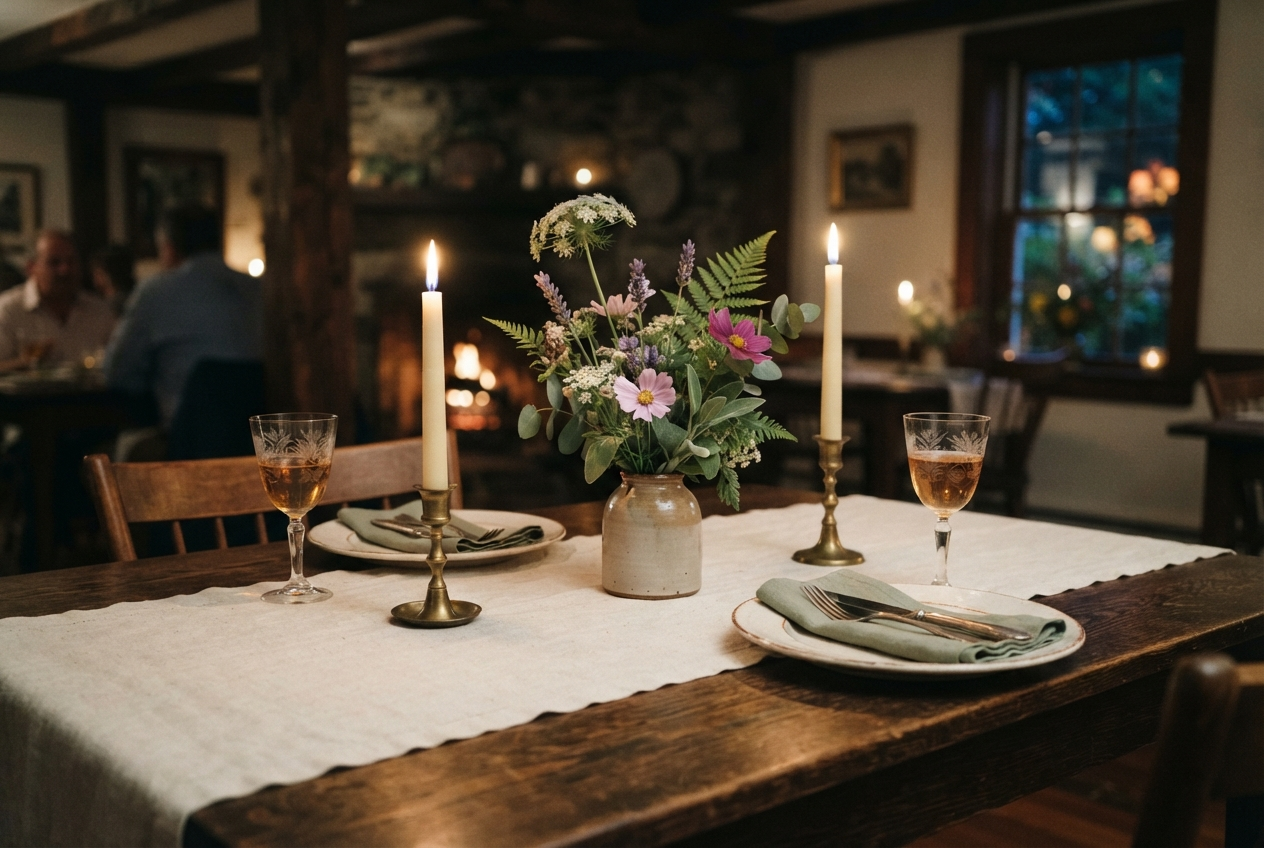 A candlelit table for two at a rustic New England inn with ivory linens, taper candles and wildflowers