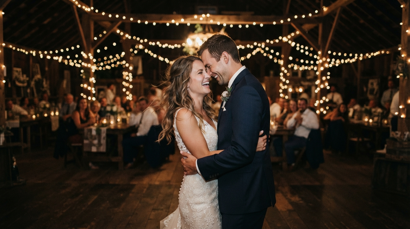Sofia and Theo laughing mid-first-dance under string lights at the Old Stone Barn