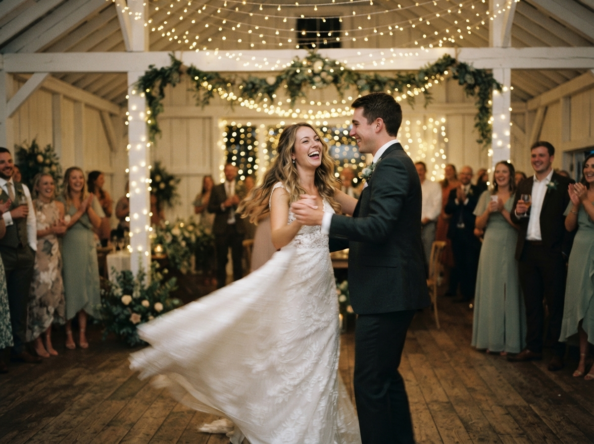 Sofia and Theo's first dance in the white barn under hundreds of soft-focused string lights