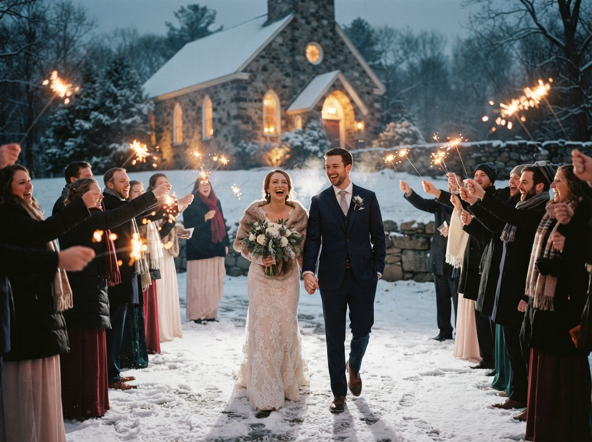 Hannah and Will walking through a sparkler tunnel in fresh snow outside the stone chapel at dusk