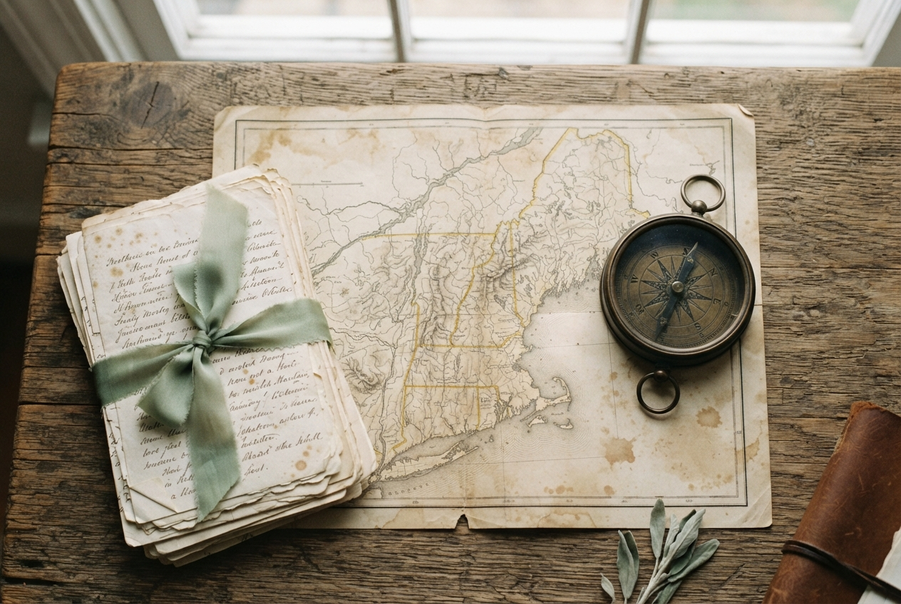 A vintage New England map, brass compass and handwritten notes tied with sage ribbon on an oak table