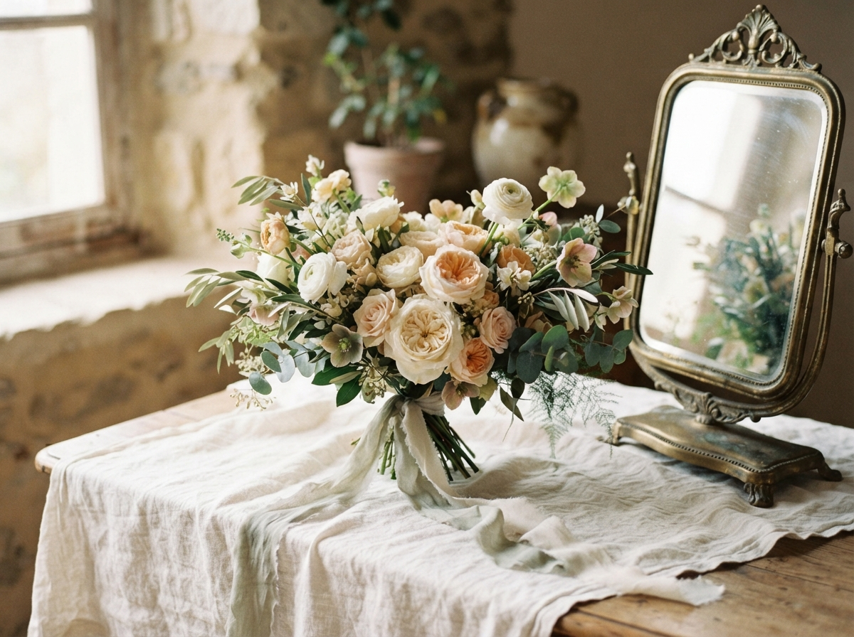 Editorial bridal bouquet of garden roses, ranunculus and olive branches in sage and cream on ivory linen beside a vintage brass mirror