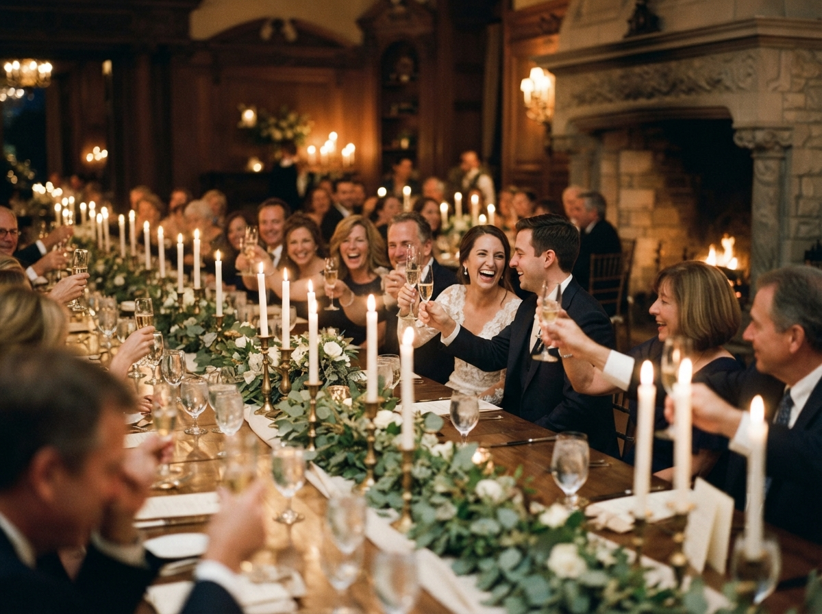 Candlelit harvest table at Havenmere House with taper candles, greenery garland and guests toasting
