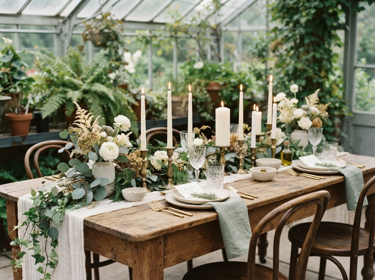 Editorial tablescape in a New England greenhouse with ivory candles, sage greenery and hand-lettered place cards