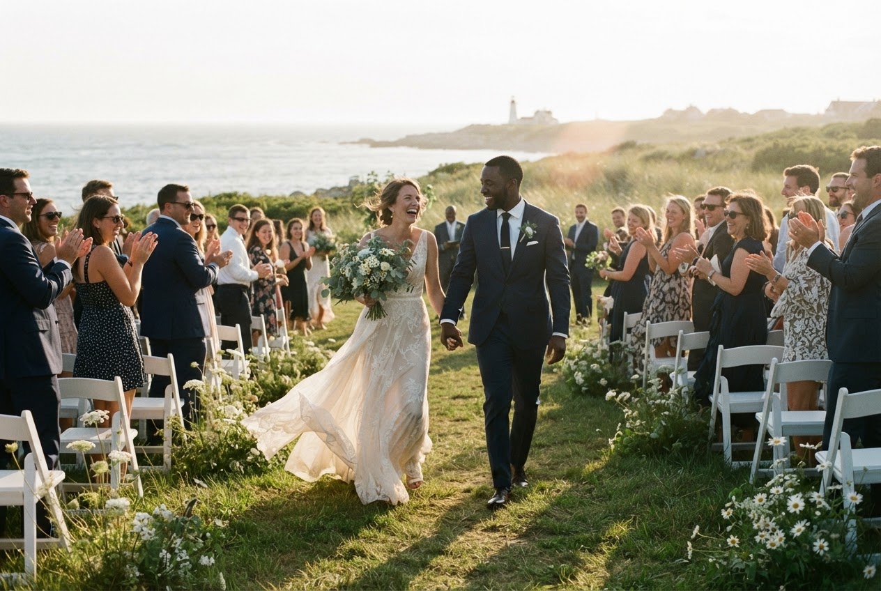Eleanor and Miles walking hand in hand down a grassy aisle at golden hour as standing guests turn toward them, smiling and clapping