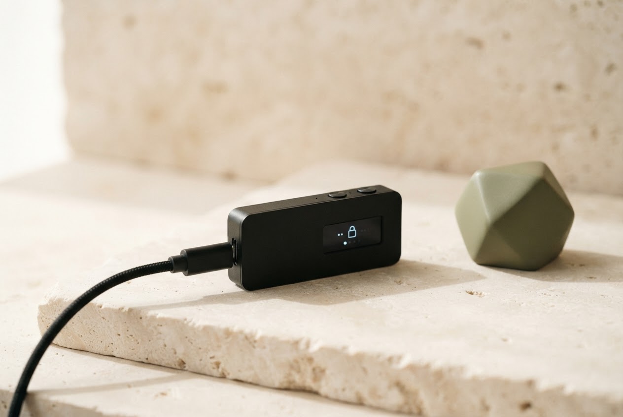A minimal hardware wallet device on a softly lit neutral surface