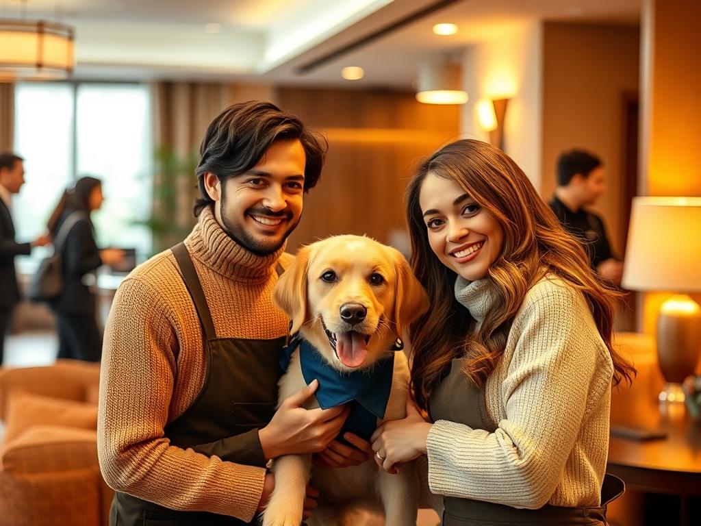 A happy couple with their dog receiving excellent service at