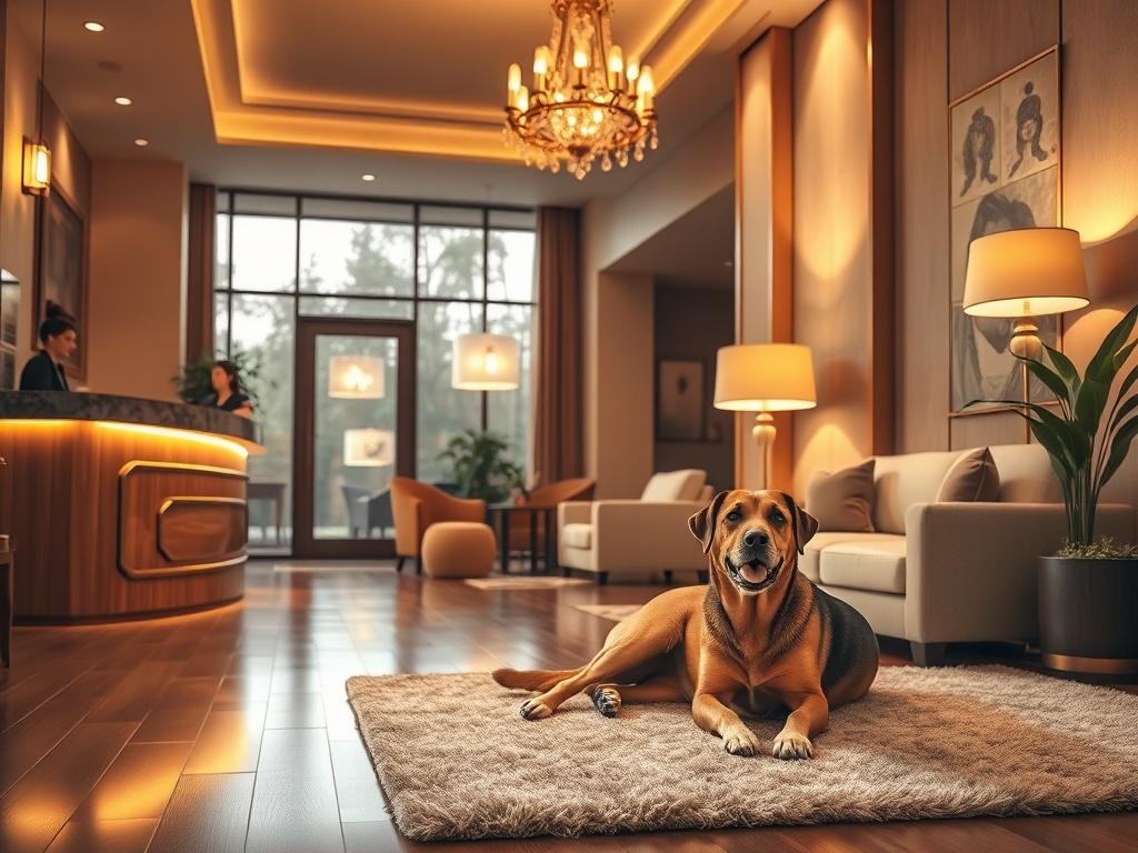 A cozy hotel lobby with a dog friendly atmosphere, featuring