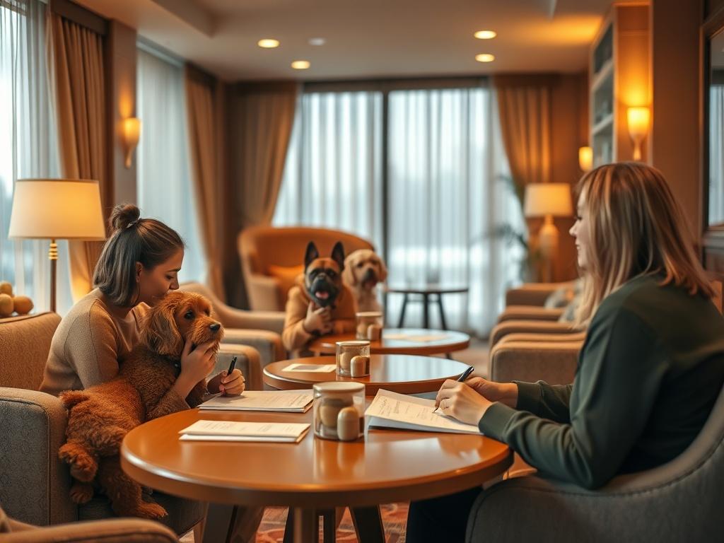 A relaxed hotel lounge where guests are filling out feedback