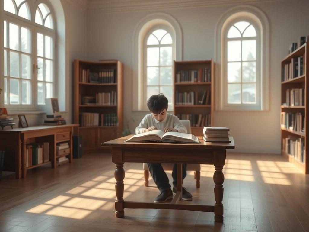 A serene study room with a single student deeply engaged