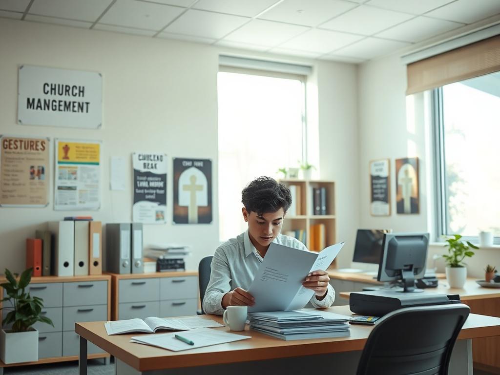 A well organized office space with a single student reviewing