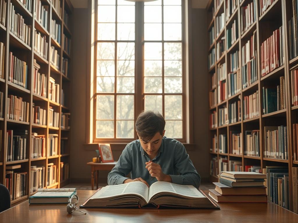 An inviting library scene showcasing a single student studying a