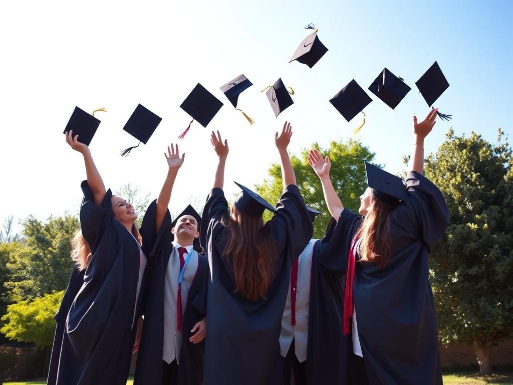 A joyful image of graduates in gowns celebrating outdoors, throwing