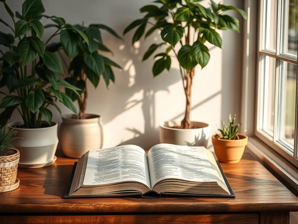 A serene study space featuring an open Bible on a
