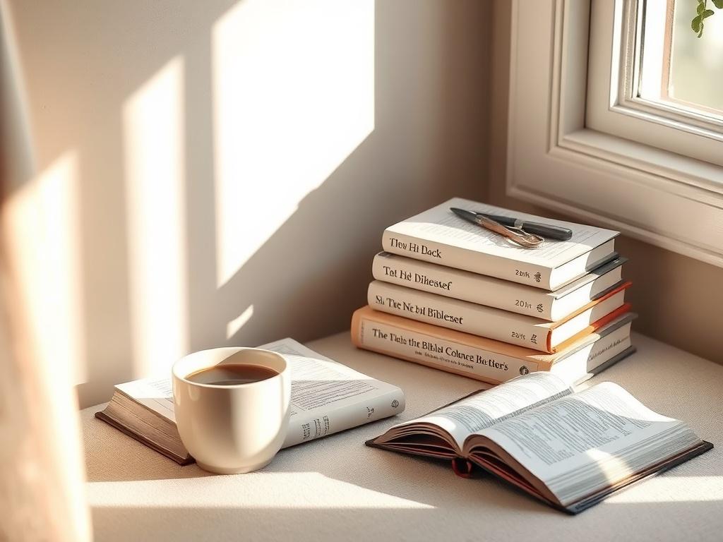 A cozy corner with a stack of biblical books and