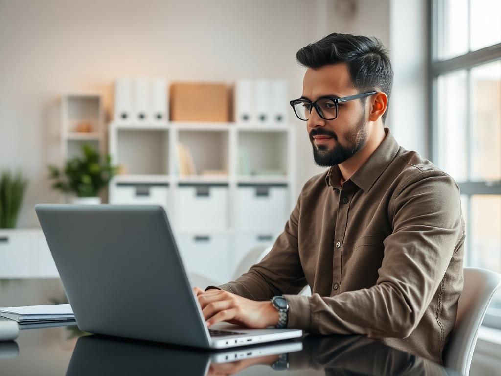A focused individual working on a laptop in a bright,
