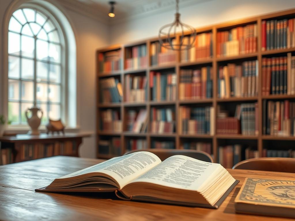 A serene study setting featuring a single, open book on a wooden table, with soft light illuminating the pages. The background shows a peaceful library filled with shelves of historical books on religion. The atmosphere is calm and inviting, reflecting a place of deep reflection and learning. The color scheme incorporates soft tones with a hint of the primary color rgb(29, 198, 181) subtly in the decor.
