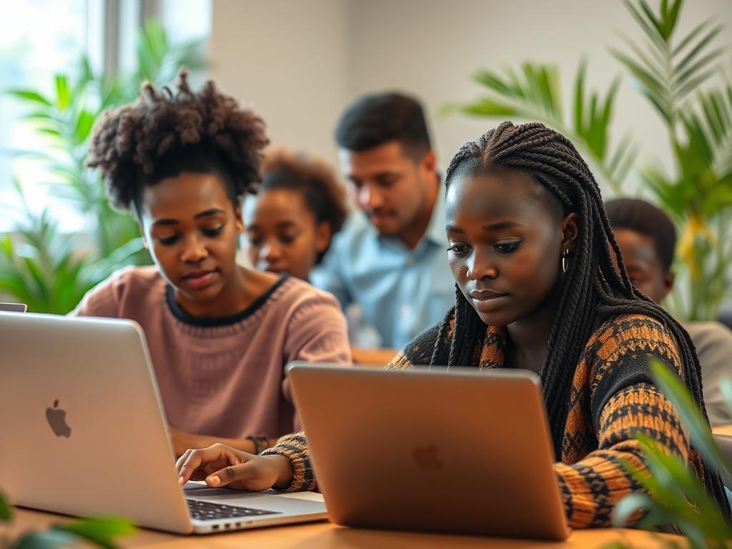 A peaceful scene of a diverse group of students engaged in a vibrant online classroom setting. The students, representing various African backgrounds, are focused on their laptops, with a soft, warm light illuminating their faces. The background features a calming, nature-inspired setting with greenery to evoke a sense of tranquility and purpose. The overall atmosphere is one of collaboration and inspiration, with an emphasis on learning and growth.