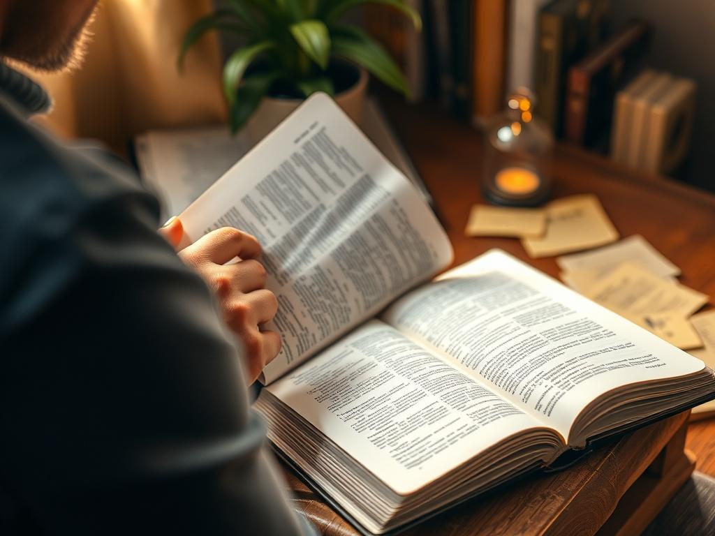 Generate a high-resolution image of a person studying with the Bible open and highlighted notes scattered around. The setting should be a cozy corner with warm lighting, creating an inviting atmosphere for learning. The visual style should incorporate soft tones and gentle light, harmonizing with rgb(29, 198, 181).