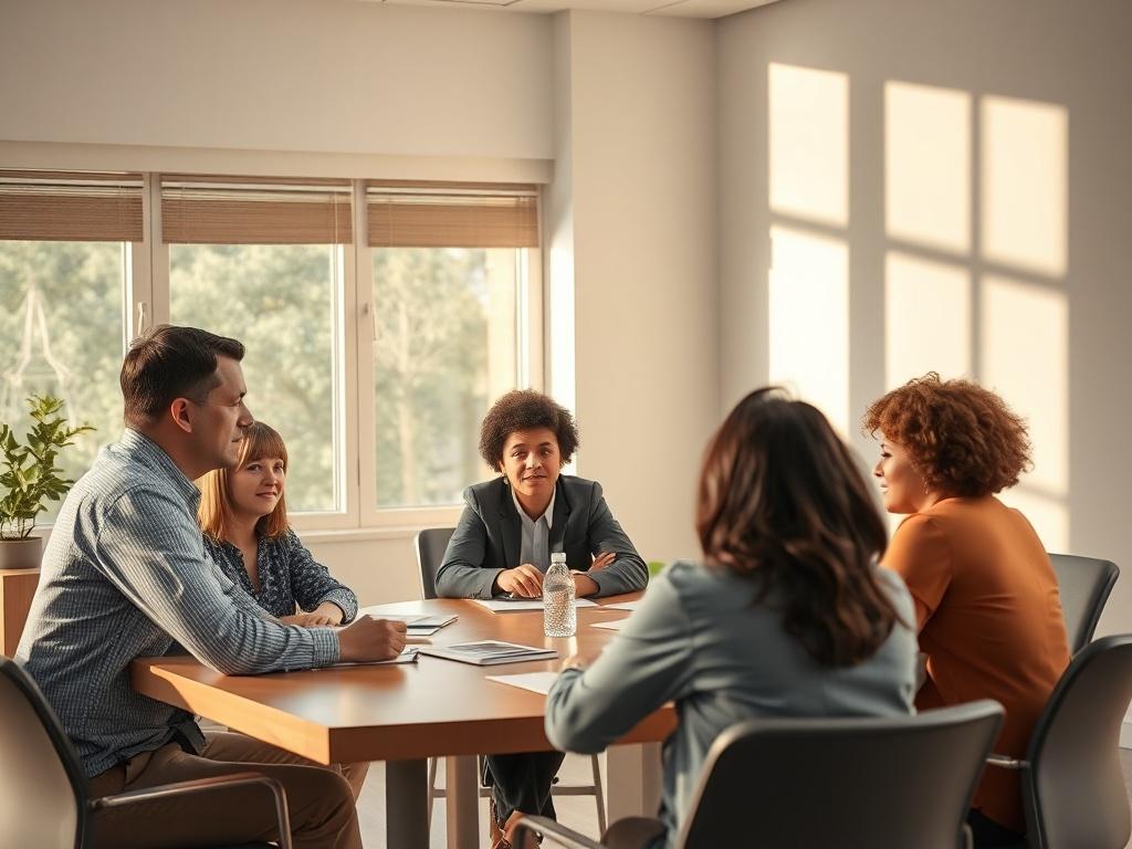 Create a high-resolution image of a diverse group of individuals engaged in a collaborative meeting about church management. The setting should reflect a professional yet warm environment, with natural light and soft colors that complement rgb(29, 198, 181).