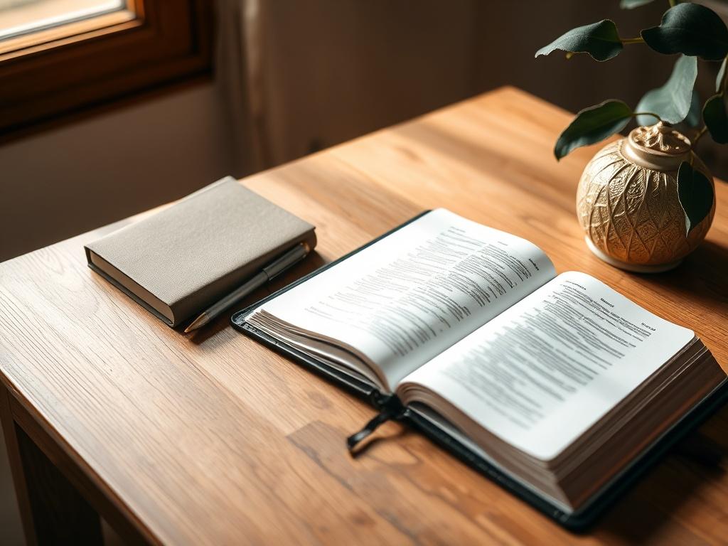Create a realistic high-resolution photo of a serene study space featuring an open Bible and a notebook on a wooden desk. The background should be softly lit with natural light filtering through a window, creating a peaceful atmosphere. The color palette should include soft tones compatible with rgb(29, 198, 181).