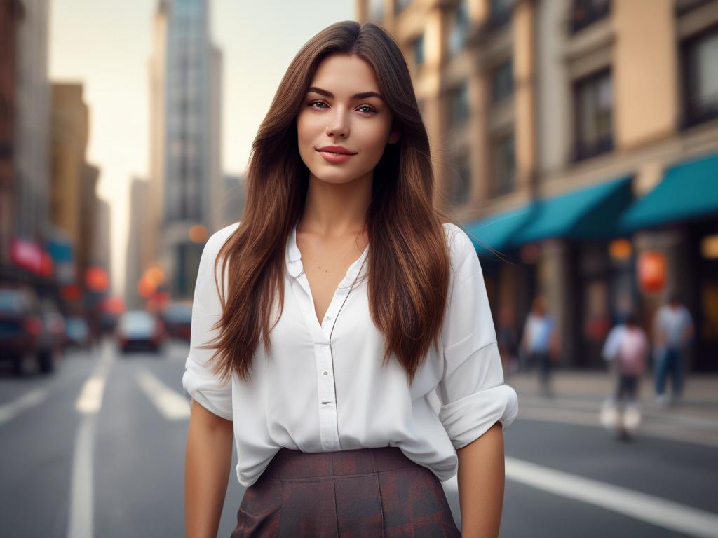 A beautiful young woman in a stylish outfit, standing confidently