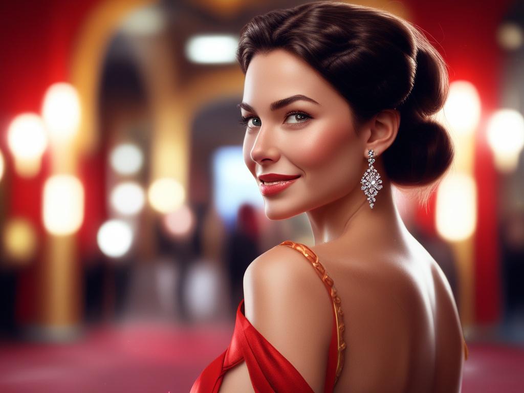 A stunning actress in a glamorous evening gown, standing on