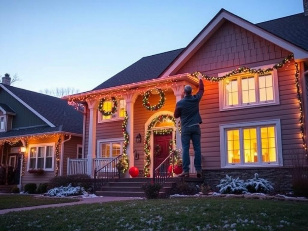 A beautiful home adorned with colorful holiday lights being installed. The scene captures the warmth of the house with glowing windows, a friendly technician carefully hanging lights along the eaves. The front yard features a well-maintained lawn and subtle winter decorations. The sky is a soft twilight blue, enhancing the festive atmosphere. This composition emphasizes the cheerful spirit of the holidays, evoking a sense of community and celebration.