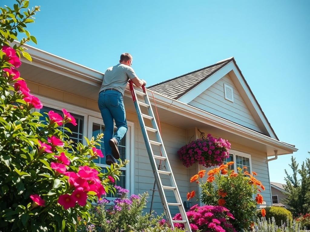 A realistic high-resolution photo of a person cleaning gutters on a house. The focus should be on the person using a ladder to reach the gutters, with the bright blue sky in the background. Surrounding the home, there should be beautifully landscaped gardens filled with vibrant flowers and greenery, enhancing the aesthetic appeal. The composition should be simple and clear, with one subject in the frame, capturing the essence of home maintenance in a visually pleasing manner.