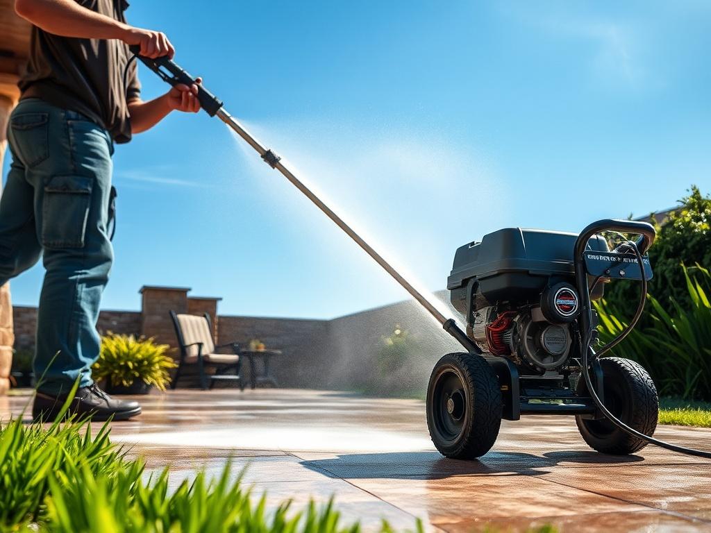 A high-resolution photo of a worker power washing a beautiful patio with a clear blue sky in the background. The focus is on the power washing machine in use, with water spraying off the surface, showcasing the transformation of the patio from dull to bright. The surrounding area features lush green grass, adding a vibrant contrast to the scene.