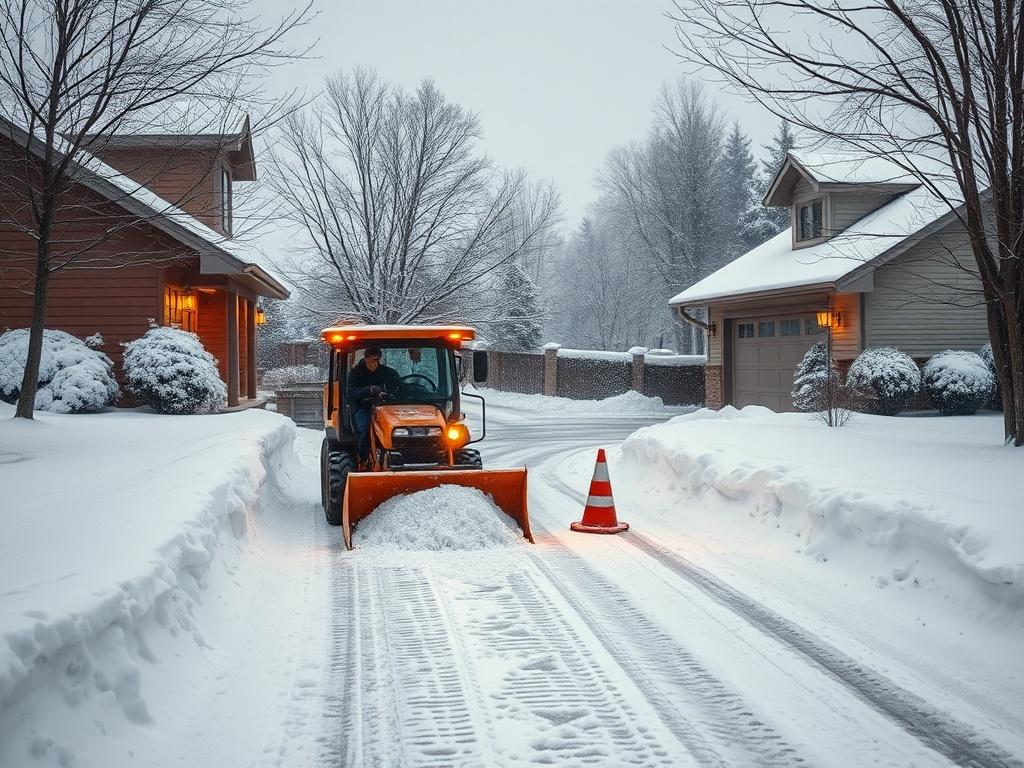 A snowy driveway being cleared by a snowplow, with a