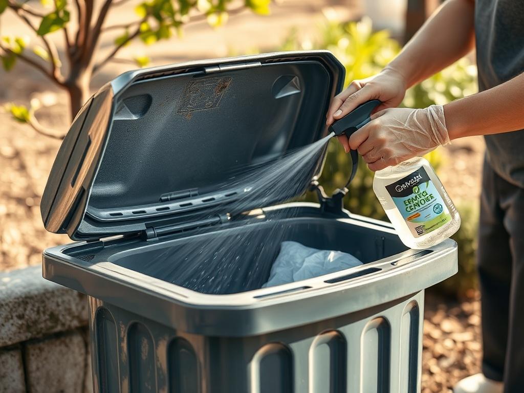 An image of a clean trash bin being sanitized, with