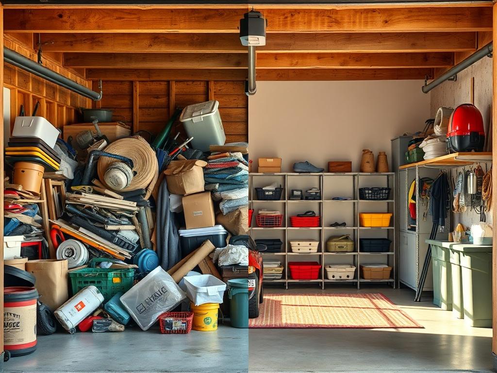 A before and after image showing a cluttered garage transformed