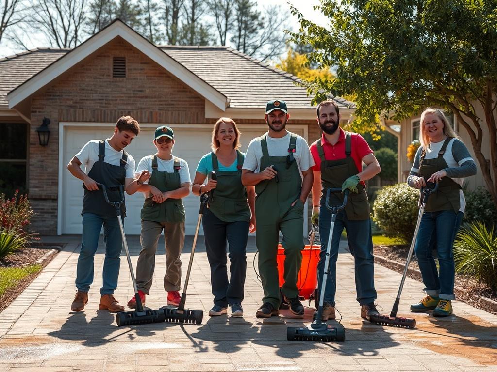 A dedicated team of cleaners working together outdoors, showcasing their teamwork and commitment to quality service. The scene is set in a residential neighborhood, with a clean driveway and freshly power-washed house in the background. The composition captures the warmth of a sunny day, highlighting the team’s enthusiasm and professionalism. Natural tones and earthy textures give a grounded feel to the image.