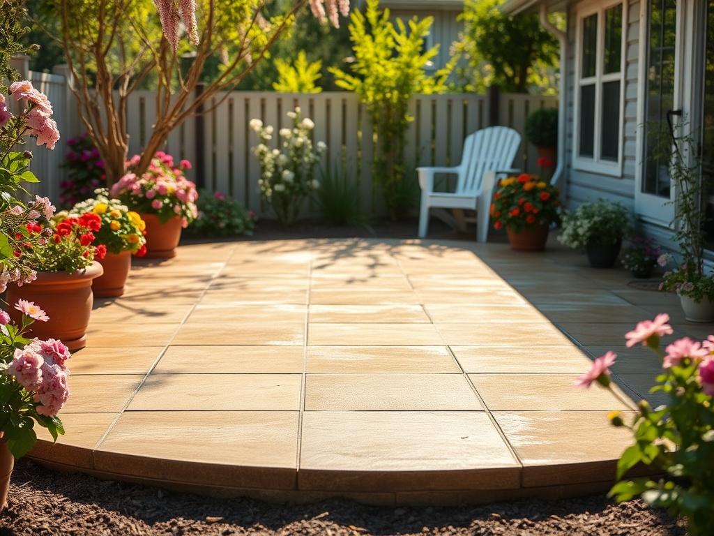 A serene backyard scene showcasing a freshly power washed patio surrounded by blooming flowers. The sunlight casts a warm glow on the clean surface, with a hint of greenery in the background to emphasize spring. The focus is on the patio area, with no people present, creating a peaceful and inviting atmosphere.