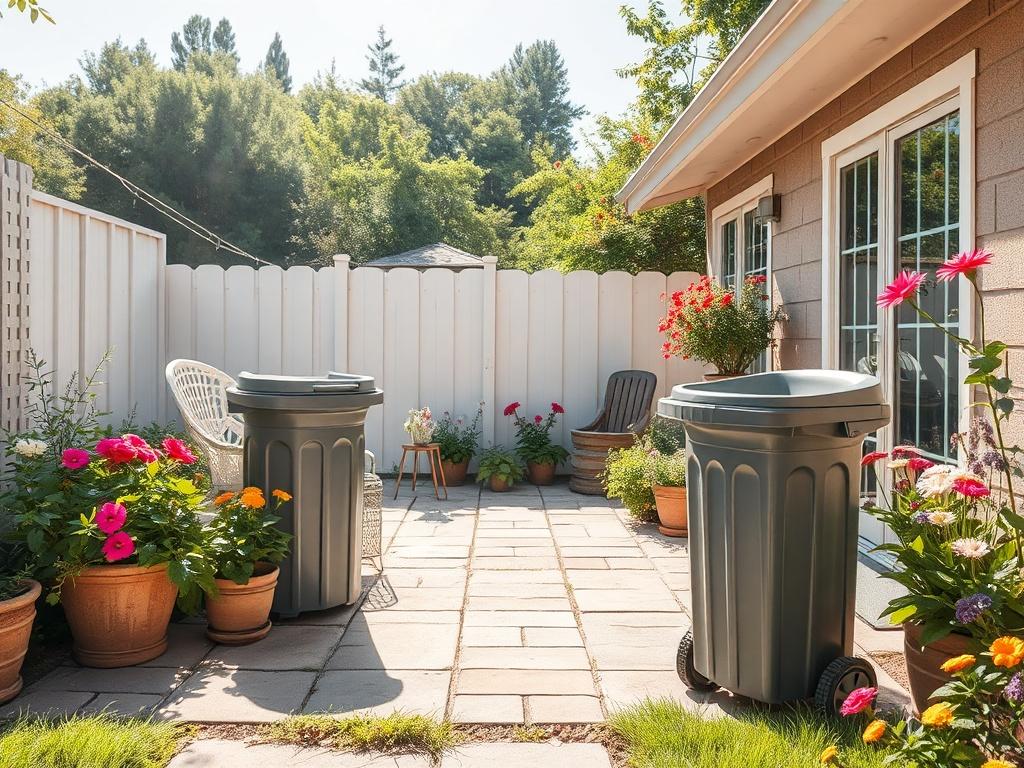 A vibrant summer backyard scene with a sparkling clean patio and a tidy trash bin. Sunlight creates a cheerful ambiance, highlighting the cleanliness of the environment. Flowers bloom around, enhancing the overall inviting feel, with no people present to keep the focus on the landscape.