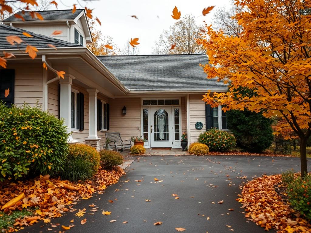 A picturesque autumn scene featuring a home with freshly cleaned gutters and a clear driveway. Colorful leaves fall gently around, adding to the beauty of the landscape. The focus is on the home’s exterior, showcasing the clean surfaces and inviting atmosphere.