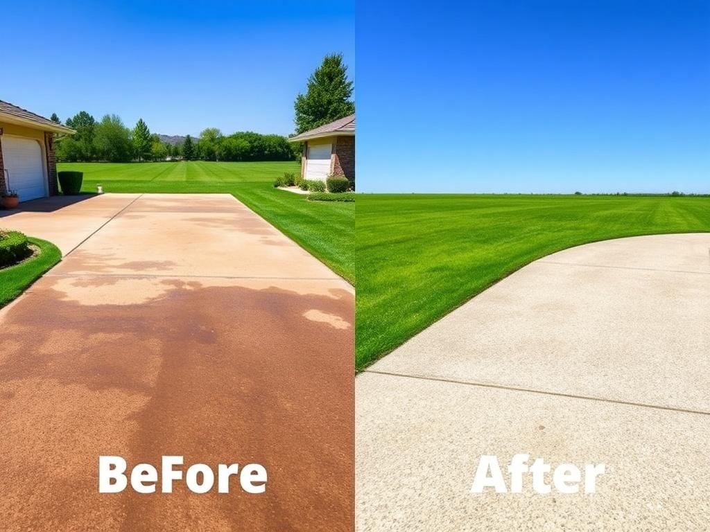 A high-resolution image depicting a driveway before and after power washing. The 'before' side shows a dirty, stained driveway, while the 'after' side showcases a clean, sparkling surface. The background includes a lush green lawn and a clear blue sky, emphasizing the freshness of the transformation. The composition should clearly split the image into two halves, with the 'before' side on the left and the 'after' side on the right.