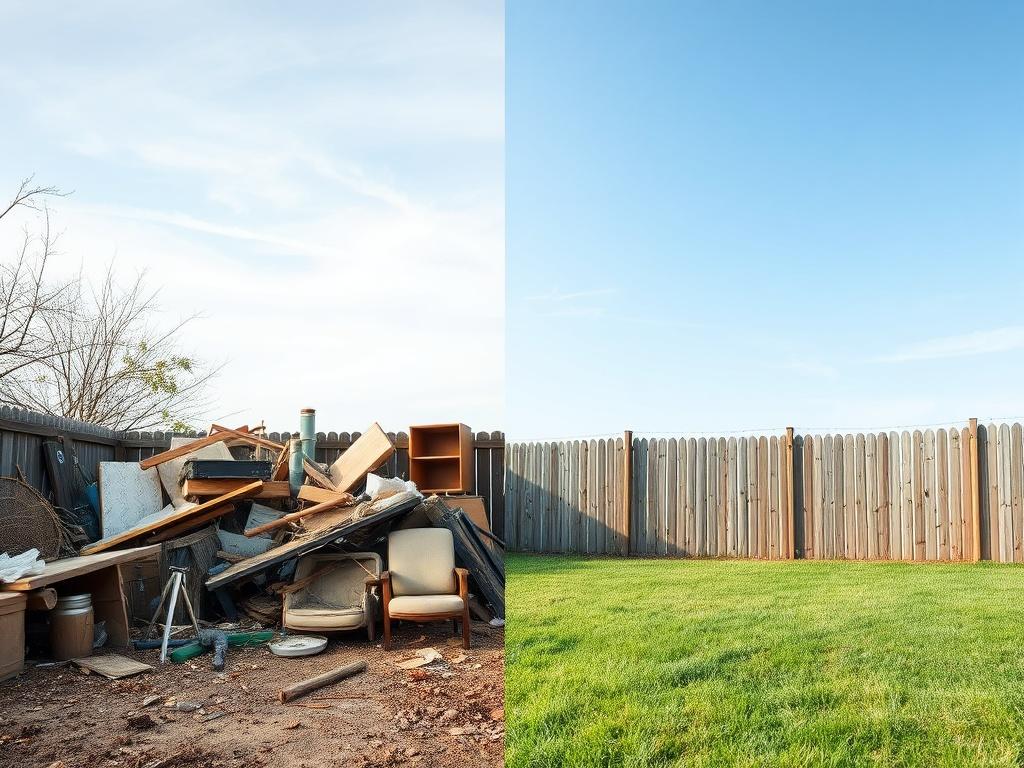 A realistic image illustrating a yard before and after junk removal. The 'before' side is cluttered with old furniture, yard waste, and various junk items. The 'after' side presents the same area completely cleared and tidy, with fresh grass visible. The background should feature a clear sky and a fence, highlighting the spaciousness of the area post-cleanup. The composition should effectively show the dramatic change from chaos to order.