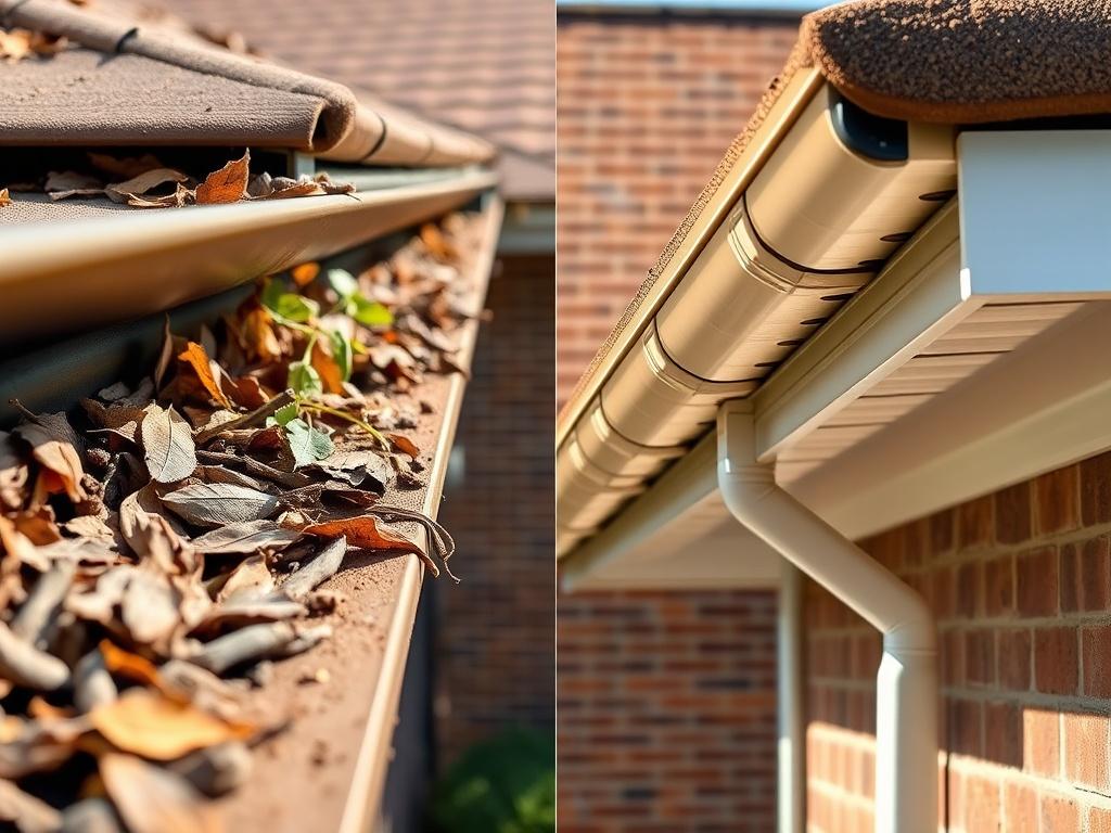A detailed image showing a close-up of cleaned gutters. The left side displays gutters clogged with leaves and debris, while the right side shows them spotless and clear. The background should have a brick house with a well-maintained roof, creating a contrast between the dirty and clean gutters. The light should be bright, enhancing the cleanliness of the gutters on the right side.