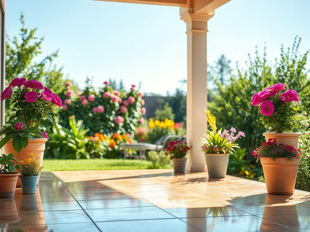 **Prompt for AI Image Generator:**

Create a highly detailed, realistic high-resolution photo for a blog titled "Spring Refresh Tips." The composition should be simple and clear, featuring a single subject—a gleaming, freshly power-washed patio adorned with colorful potted flowers in full bloom. The patio should showcase smooth, clean surfaces reflecting the warm, inviting sunlight, symbolizing a fresh start. 

In the background, include a softly blurred garden filled with lush greenery, hinting at vibrant 