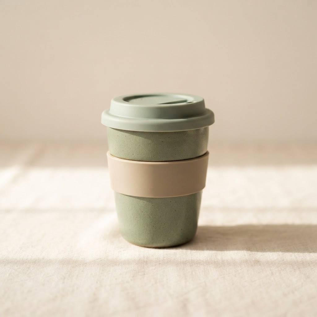Handmade sage ceramic travel cup with lid