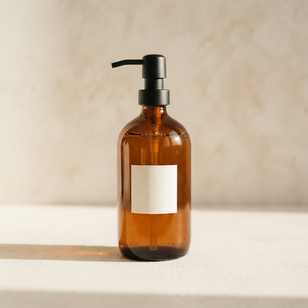 Amber glass hand wash dispenser with a matte black pump