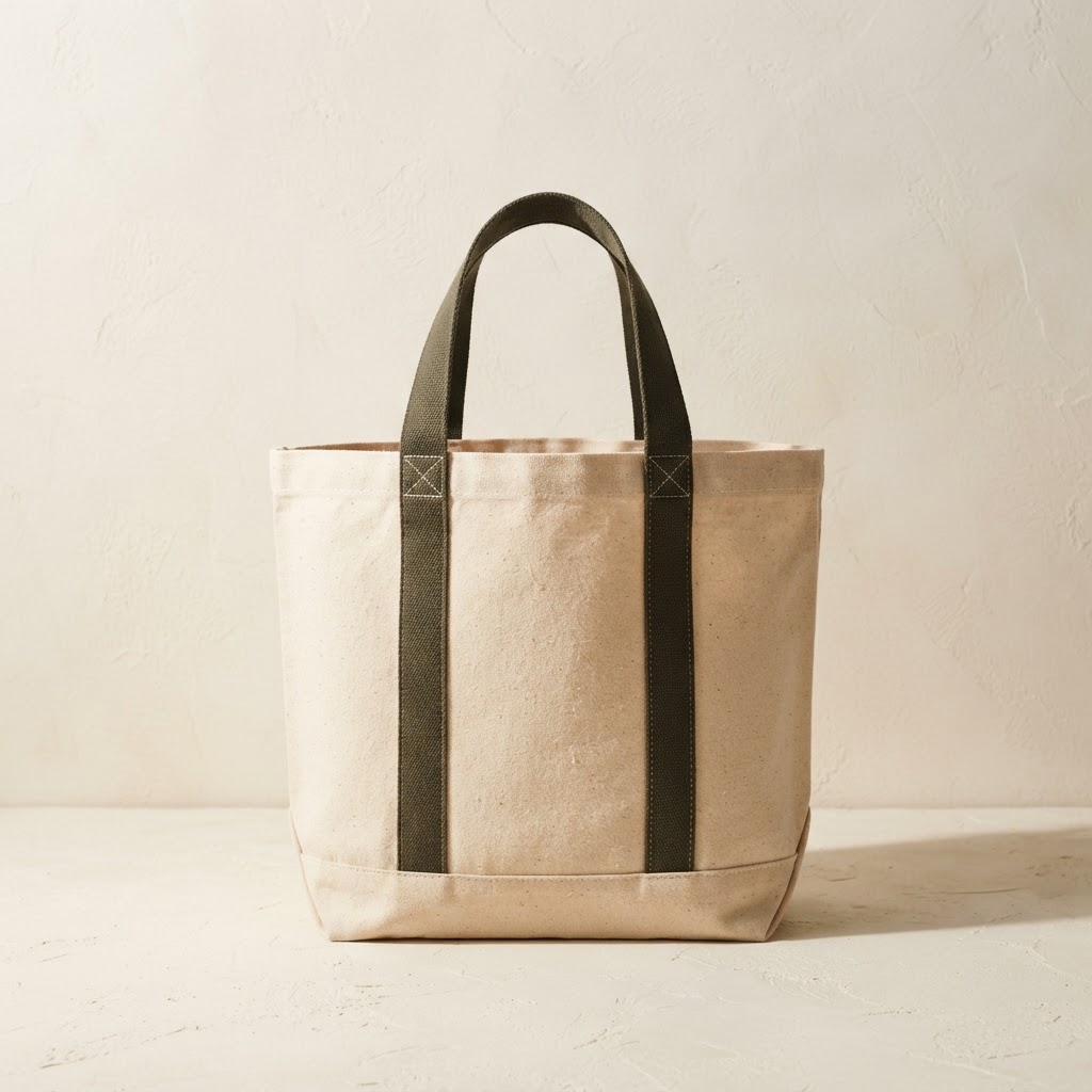 Natural cotton canvas tote bag with olive handles