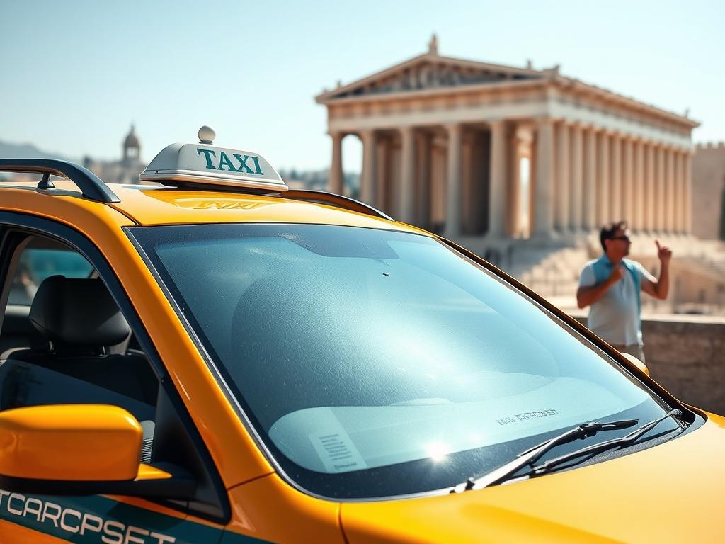 A close up shot of a taxi in front of